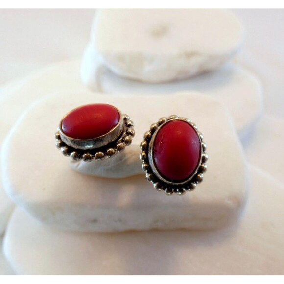 Vintage Red Coral Sterling Silver Stud Earrings Handmade Signed - Picture 2 of 4